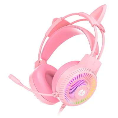 BATXELLENT H82 Cat Ears Design Wired Headphone RGB Light Gaming Headset with Noise Cancelling Mic - Pink