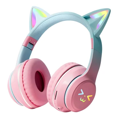 Auriculares BT612 con orejas de gato degradadas, auriculares gaming Bluetooth con luz RGB - Rosa