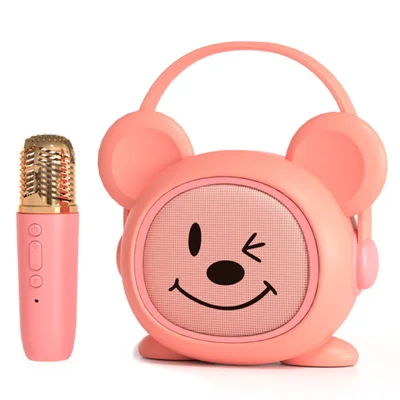 K19 Cartoon Kids Karaoke Microphone Speaker Set Wireless Sound System for Home / Early Education - Pink Mouse