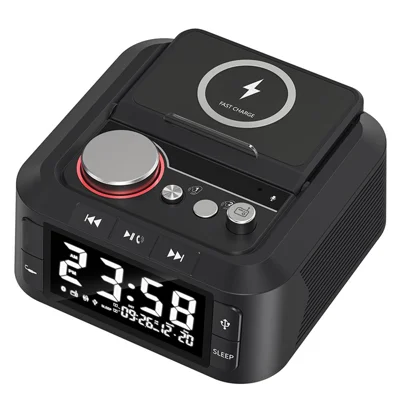 Q7 15W Wireless Charger Bluetooth-Compatible Speaker Night Light FM Radio Bedside Alarm Clock with Dual Type C Ports