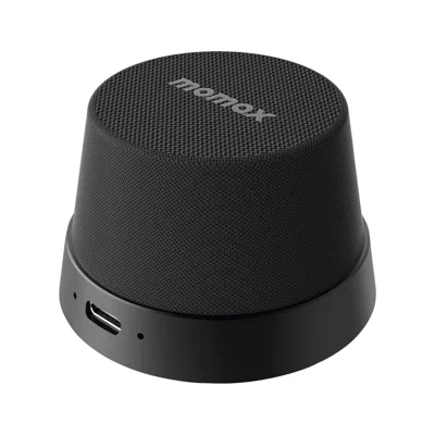 MOMAX 1-Vibe Go BS6 Magnetischer kabelloser Lautsprecher mit Handyhalterung, tragbarer Audioplayer, IPX6 wasserdicht für Zuhause und Unterwegs – Schwarz