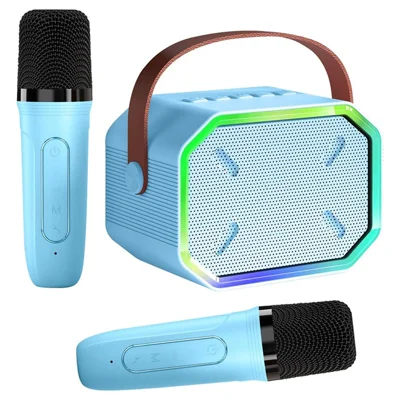 P3 Kids Adults Karaoke KTV Machine LED Lighting Bluetooth-compatible Speaker with 2 Wireless Microphones - Blue
