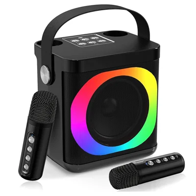YS307 Home Karaoke Bluetooth-compatible Speaker RGB Light Loudspeaker with 2 Microphones - Black