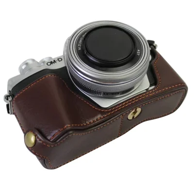 För Olympus OM-D E-M10 Mark III kameraskal av äkta läder, underskal, enkel att byta batteri - Kaffe