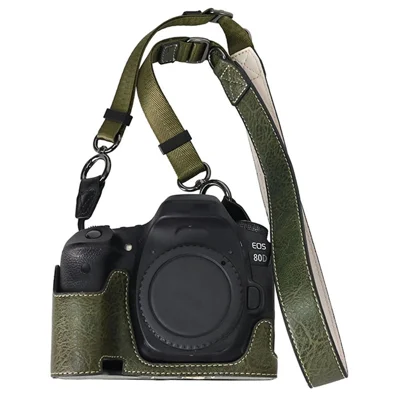 For Canon EOS 90D / 80D / 70D / 60D Camera Case with Shoulder Strap Large Cutout Litchi Texture PU Protective Cover - Green