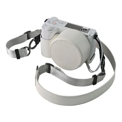 For Sony ZV-E10 II Camera Base with Lens Cap Shoulder Strap PU Leather Protective Case Detachable Battery - White