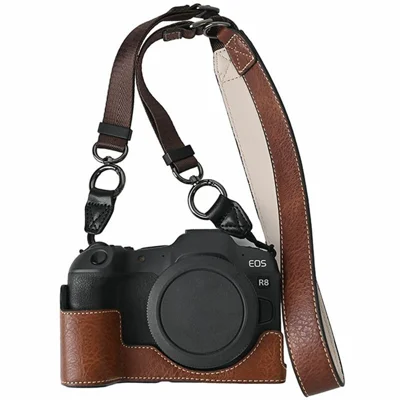 For Canon EOS R8 Camera Half Case Litchi Texture Battery Opening PU Leather Cover with Shoulder Strap - Coffee