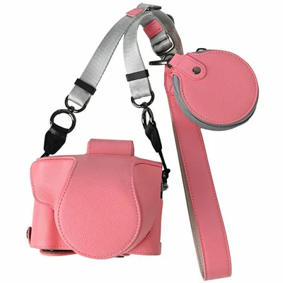 For Fujifilm X-T50 Textured PU Leather Camera Case with Battery Hole + Strap + Lens Storage Bag - Pink