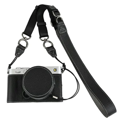 Чехол для камеры Fujifilm X-E5 из натуральной коровьей кожи с защитной крышкой и наплечным ремнем — черный