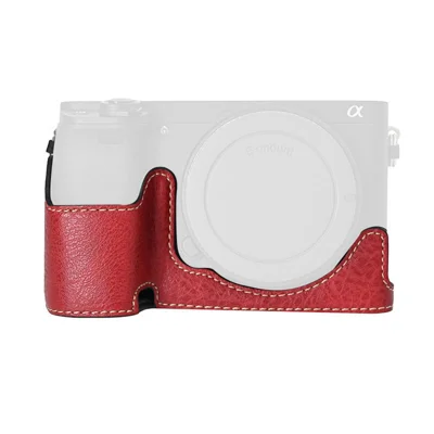 Funda para cámara Sony A6400 / A6300 / A6100 / A6000, cubierta protectora de cuero PU textura de lichi con acceso a la batería - Rojo