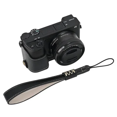 Camera Case for Sony A6400 / A6300 / A6100 / A6000 Battery Opening Design Palm Texture PU Leather Half Body Bottom Case with Wrist Strap - Black