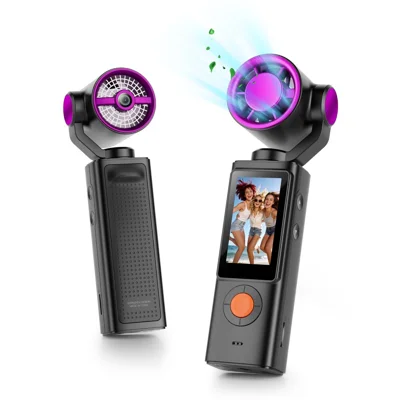 F21 2 en 1 Ventilateur Portable Écran IPS 1,9 Pouces Caméra 1080P Rotation 270° pour Vlog Voyage en Plein Air - Noir
