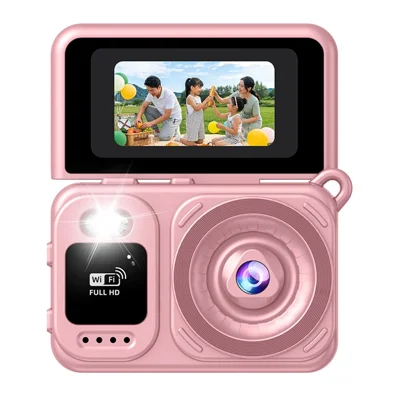 M5 Mini Camera 1.47 Inch Flip Screen Built-in Flash WiFi Full HD Portable Digital Camera for Kids - Pink