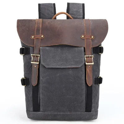 3033 Outdoor Travel Photography Bag Tripod Carrying Waxed Canvas Backpack for 15-inch Laptop - Dark Grey