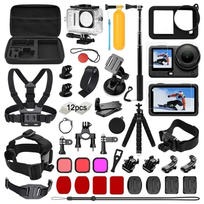 54-in-1 Action Camera Accessories Kit for DJI Osmo Action 6 Waterproof Housing Filters Tempered Glass Films Set for Cycling Diving Sports - Black