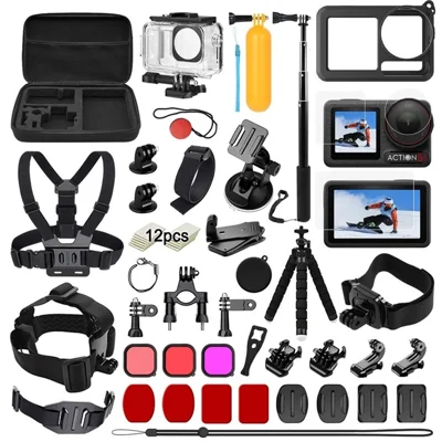 55-in-1 Action Camera Accessory Kit for DJI Osmo Action 5 Pro  /  4  /  3 Waterproof Case Tempered Glass Screen Protector Filter Selfie Stick Chest Strap Mount Set - Black