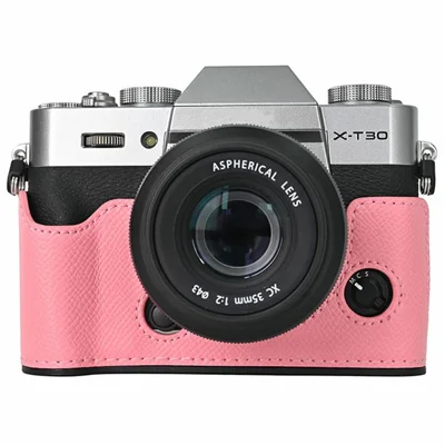 PU Leather Half Bottom Case for Fujifilm X-T30 Palm Texture Grip Camera Base Window Design Protective Cover - Pink
