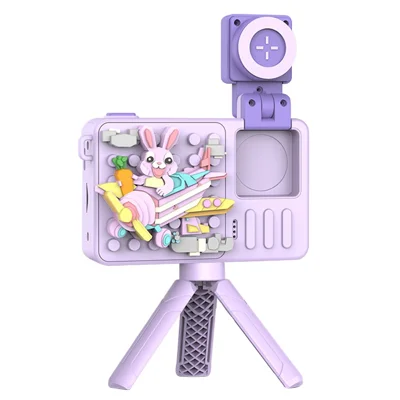 M1 Rabbit Building Block Toy Flip Lens Camera 2.4-inch Screen Kids Camera with Tripod + 32G TF Card + Card Reader - Purple