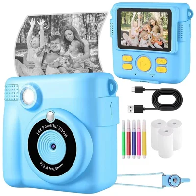 ABS-681 2.4 Inch IPS Screen Instant Print Mini Kids Camera HD 1080P Video Recorder with 32G Memory Card + Color Pens - Blue