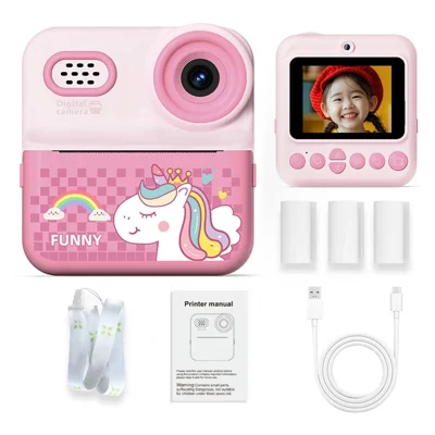 P03 Instant Print Camera for Kids Pattern Print 2.4 Inch HD 1080P Dual Camera with 32G Memory Card+Card Reader - Pink