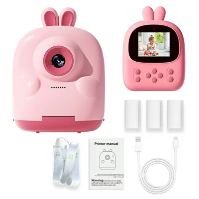 P01 Cartoon Kids Digital Camera Instant Print Dual Lens Mini Camera with 32GB Card - Pink