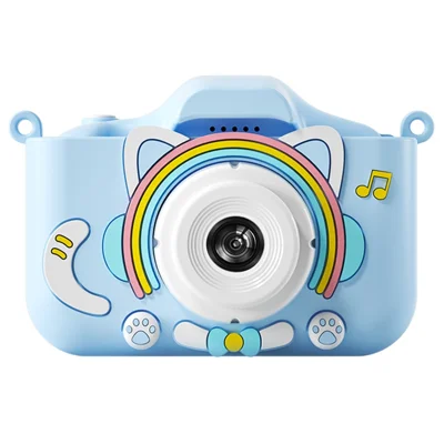 Y20 2.0 Inch Screen Camera Rechargeable Kids Camera Toy with Music and Game - Rainbow Cat / Blue