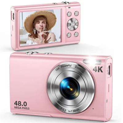 Cámara digital DC402-AF-4K con enfoque automático, 4K, para niños, zoom digital 16X, anti-vibración, webcam con luz de relleno LED - Rosa claro