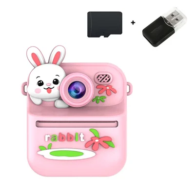S1 2.4 Inch IPS Screen Kids Camera Instant Print Digital Camera Dual Lens HD Video Recorder with 32GB Card + Card Reader - Pink Rabbit