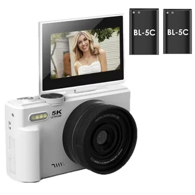 WD08 3.0 Inch HD Flip Screen Digital Camera 5K Video Recorder with 32GB Card (Dual Battery) - White