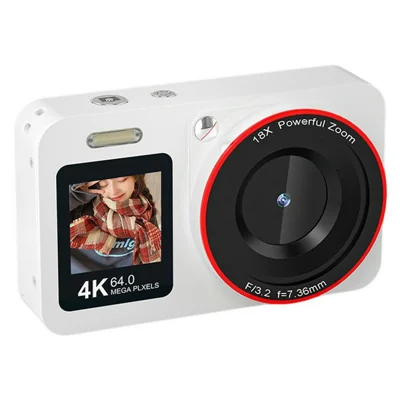 CV01 Digital Camera 2.8 Inch Rear + 1.4 Inch Front Dual Screen 4K Ultra HD 64MP CCD Video Recorder, with 32GB Card + Card Reader - White