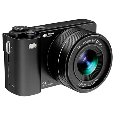 D1 2.8 Inch Flip Screen Portable Digital Camera 16X Zoom 4K UHD 64MP Video Recording Cam, with 32GB Card + Card Reader - Black
