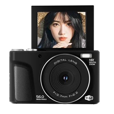 D01 2.8 Inch Flip Screen Portable Digital Camera 16X Zoom HD Photo Video CCD Support WiFi Transfer, with 32GB Card + Card Reader - Black