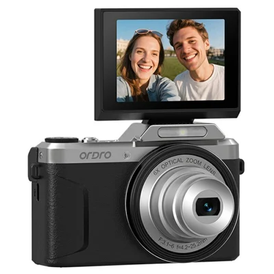 ORDRO D27 Fotocamera Digitale Zoom Ottico 6X Schermo Ribaltabile da 2,8 Pollici Registrazione Video HD 4K Camcorder CCD - Nero