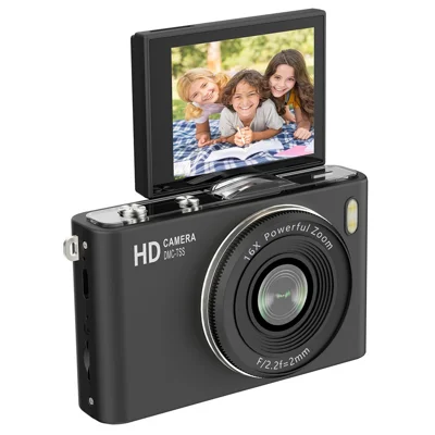H20 Portable Digital Camera 64MP 4K UHD 16X Zoom 2.4inch Flip Screen Auto Focus Mini Camera for Students Photography (No Memory Card) - Black
