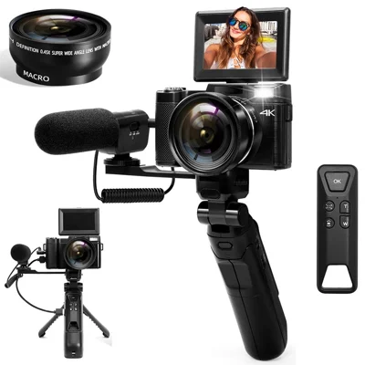 V01 4K Vlogging Camera with 1 Battery 3.0 Inch Flip Screen Digital Camera with Microphone + Tripod - Black