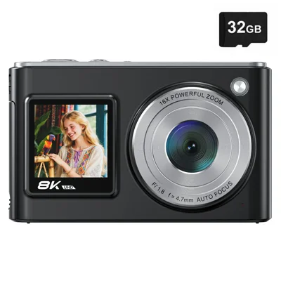 DC325W 8K Video Recorder Digital Camera Dual Screen 8X Zoom with 32GB TF Card - Black