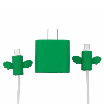 Solid Color Wings Protective Sleeve for Apple iPhone 18 / 20W Charger Cover + 2Pcs Data Cable Saver Silicone Case - Green