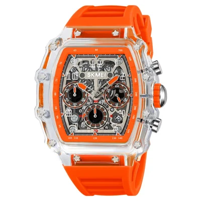SKMEI 2305 Stylish Men Quartz Watch Waterproof Sport Stopwatch Wrist Watch - Transparent White Case / Orange Strap