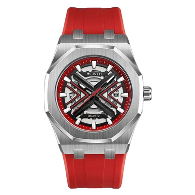 WLISTH 6148 Men Calendar Quartz Watch Fashion Sport Luminous Wrist Watch - Silver Case / Red Strap