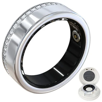 V8 Rhinestone Decor Sleep Heart Rate Health Monitoring Smart Ring with Charging Case - Silver / Size 7