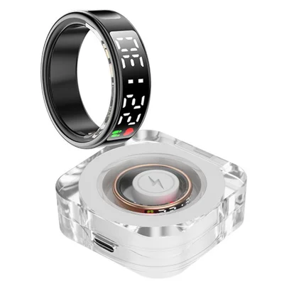 SR08 Digital Display Smart Ring Sleep Tracker Blood Oxygen Heart Rate Monitor Ring with Charging Case - Bright Black / Size 8