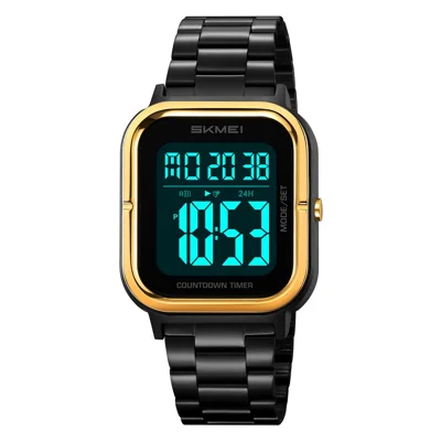 SKMEI 2316 50m Waterproof Digital Watch Square Electronic Wristwatch with EL Backlight and Stopwatch - Gold+Black / Steel Strap