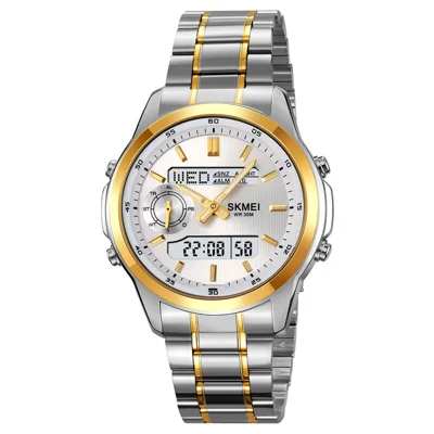 SKMEI 2284 Luxury Business Men Watch Dual Display Steel Band Quartz Wristwatch with LED Backlight - Gold Splicing