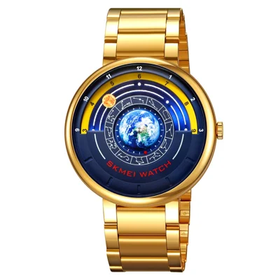 SKMEI 2361 Creative Planet Pattern Quartz Watch 30m Waterproof Steel Band Round Dial Wristwatch - Gold