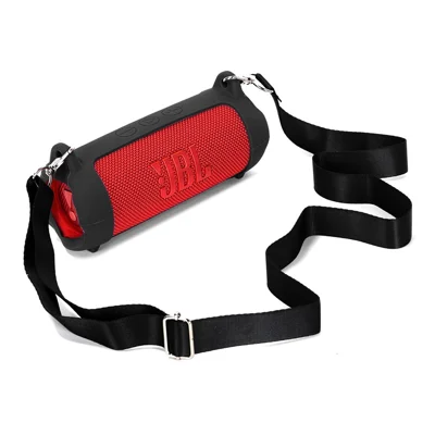 حالة سيليكون لسماعة JBL Flip 7، غطاء واقٍ محمول مع حزام كتف / مشبك - أسود