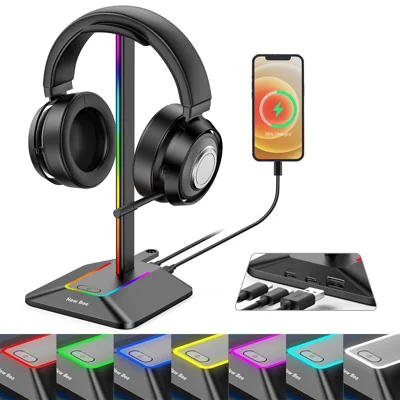 NEW BEE Z8 RGB Light Headphone Stand with USB + Type-C Expansion Hub Gaming Headset Holder Display Rack - Black