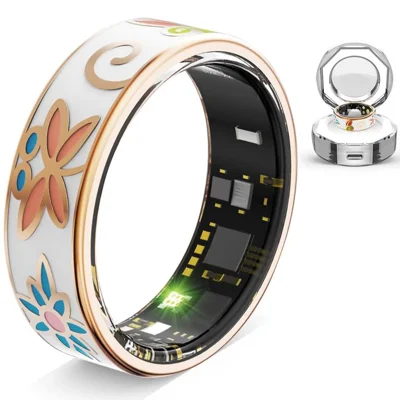 R18 Enamel Smart Ring Waterproof Heart Rate Blood Oxygen Monitor Fitness Tracker Ring, with Charging Case - Size 7