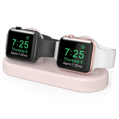 AHASTYLE DD97 Dual Charging Stand For Apple Watch Series 5 4 3 2 1 , 2 in 1 Design Desktop Silicone Dock Holder - Pink
