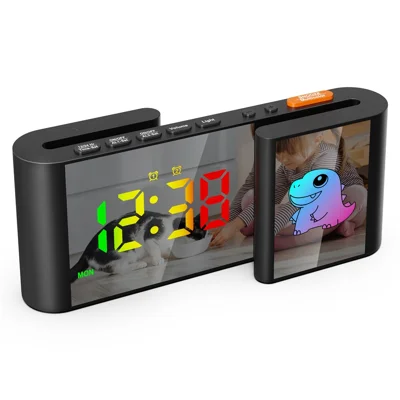 Horloge de Bureau Alarme Écran Double Motif Animal de Dessin Animé en Forme de S RVB avec Veilleuse Affichage 12/24 Heures - Coque Noire + Dinosaure