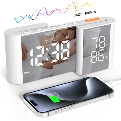 Reloj despertador con forma de S EN8837-A con radio FM, atenuador del 0 al 100%, reloj digital con termohigrómetro de doble alarma para el dormitorio - Blanco+Blanco